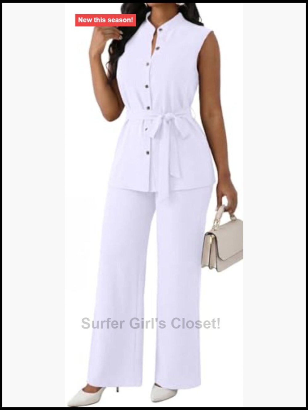 Sleeveless Belt Button Down Shirts Flare Pant Business Suit Set Dressy Pantsuits - Picture 2 of 7